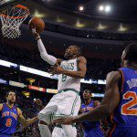 Boston Celtics' Rondo drives to the basket against New York Knicks during their NBA Eastern Conference playoff series in Boston